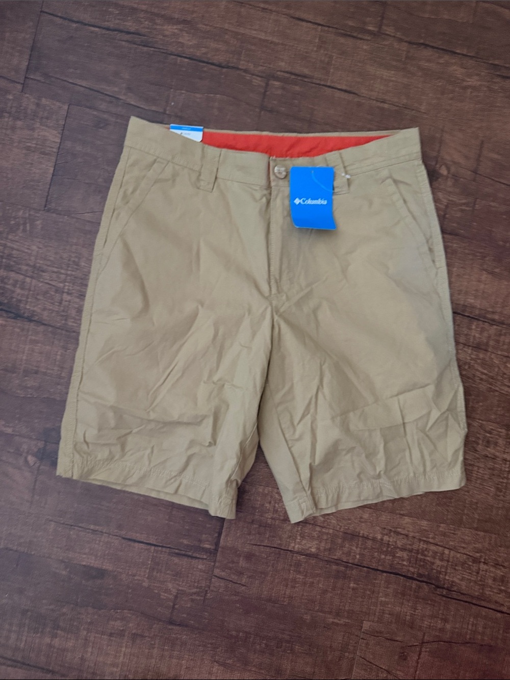 Columbia Men's Flat Front Shorts in Khaki with Orange Waistband Accent